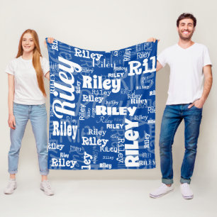 Cobertor De Velo Padrão de Repetição do Nome Branco Azul Moderno