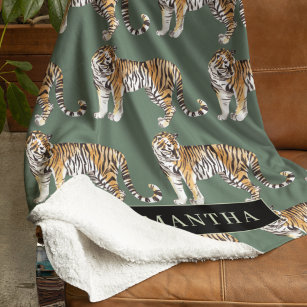 Cobertor De Velo Padrão De Tigres De Aquarela Verde Tropical Com No
