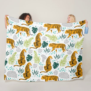 Cobertor De Velo Padrão de Tigres e Folhas Tropicais