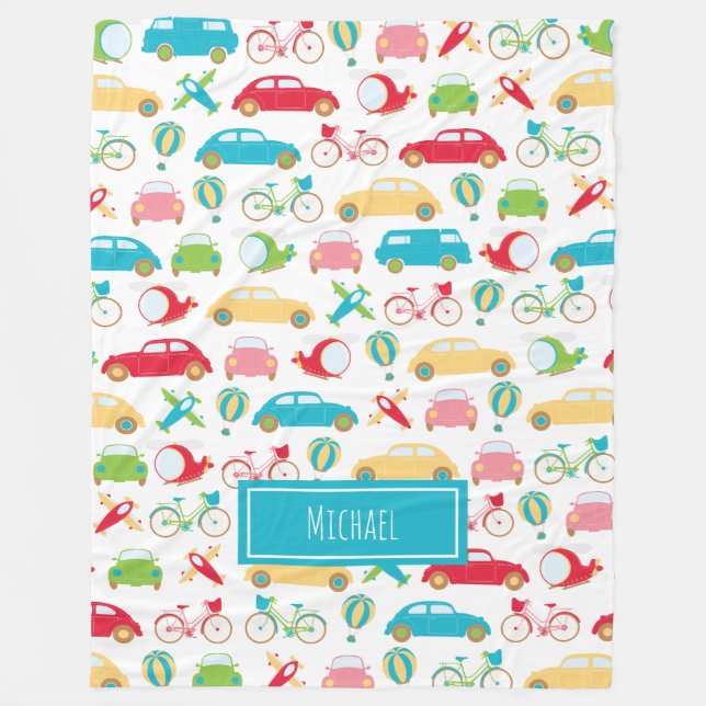 Cobertor De Velo Padrão de Veículo Menino com Nome (Frente)