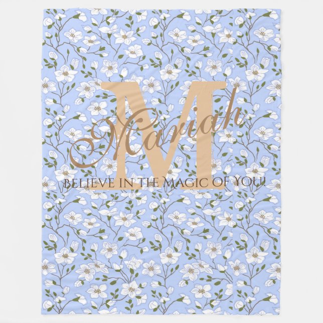Cobertor De Velo Padrão Floral Azul Bebê Macio Branco Nome Monogram (Frente)