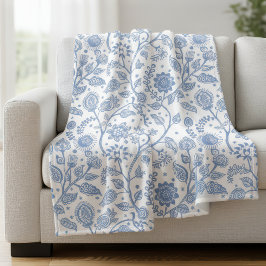 Cobertor De Velo Padrão Floral Azul e Branco Botânico Boho Chic