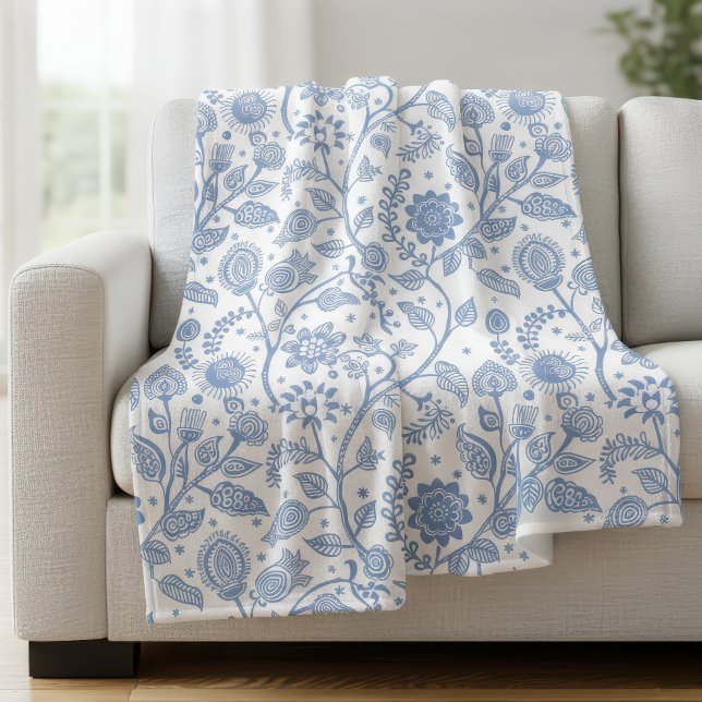 Cobertor De Velo Padrão Floral Azul e Branco Botânico Boho Chic (Criador carregado)