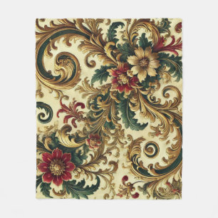 Cobertor De Velo Padrão Floral Barroco com Dourado, Vermelho, Verde
