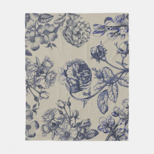 Cobertor De Velo Padrão Floral Botânico Toile Azul Vintage Antigo