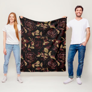 Cobertor De Velo Padrão Floral de Rosa Vermelha e Dourada Elegante