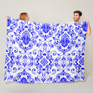 Cobertor De Velo Padrão Floral do Damasco Azul e Branco Elegante