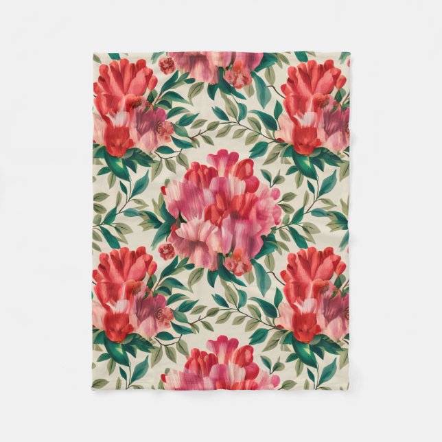 Cobertor De Velo Padrão Floral Elegante com Flores Vermelhas e Rosa (Frente)