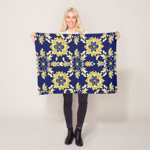 Cobertor De Velo Padrão Floral Elegante em Dourado e Azul