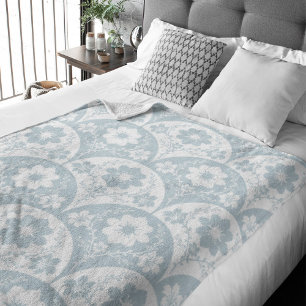 Cobertor De Velo Padrão Floral Japonês em Azul Suave e Branco