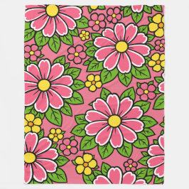 Cobertor De Velo Padrão Floral Rosa e Amarelo com Folhas Verdes