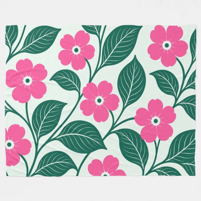 Cobertor De Velo Padrão Floral Rosa Elegante com Folhas Verde Escur (Frente (Horizontal))