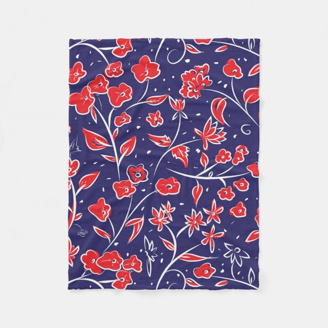Cobertor De Velo Padrão Floral Vermelho e Azul (Frente)