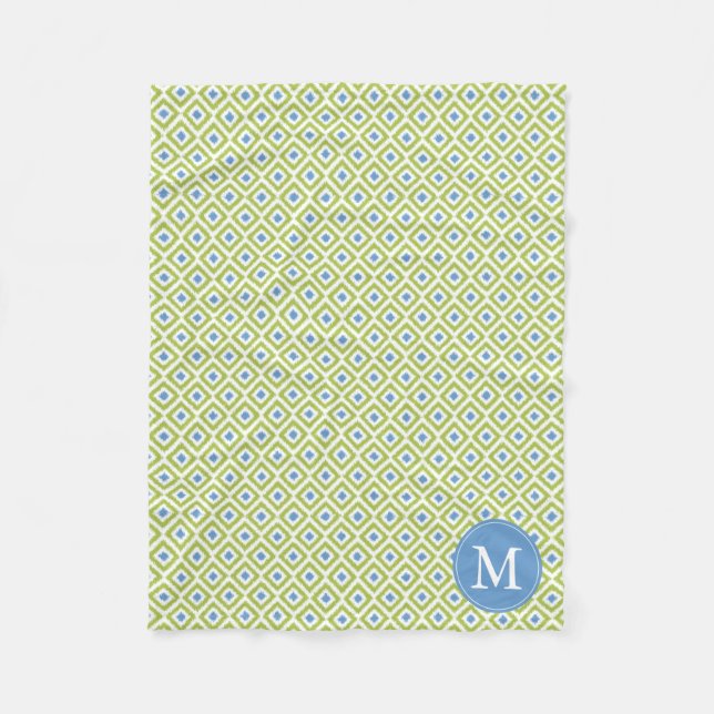 Cobertor De Velo Padrão Ikat de Ouros Azuis Verdes Monogramados (Frente)