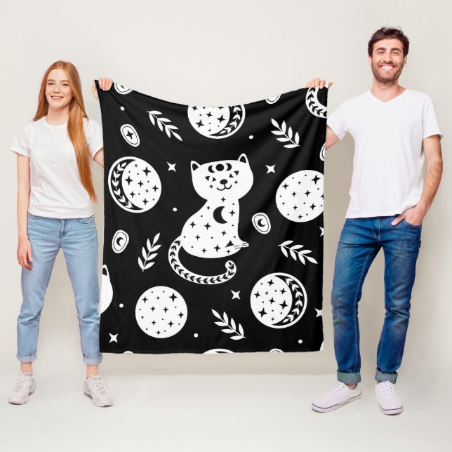 Cobertor De Velo Padrão Místico de Gato Celestial em Preto e Branco (In Situ)