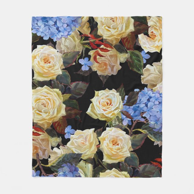 Cobertor De Velo Padrão moderno floral, rosas brancas, hydrangea az (Frente)