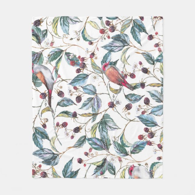 Cobertor De Velo Padrão natural de aquarelas: amoras, aves, f (Frente)