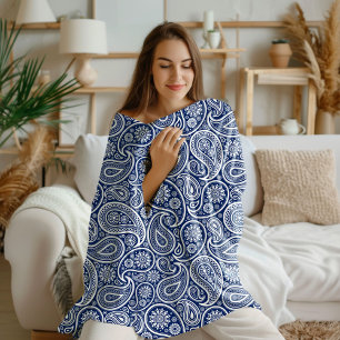 Cobertor De Velo Padrão paisley vintage branco sobre azul