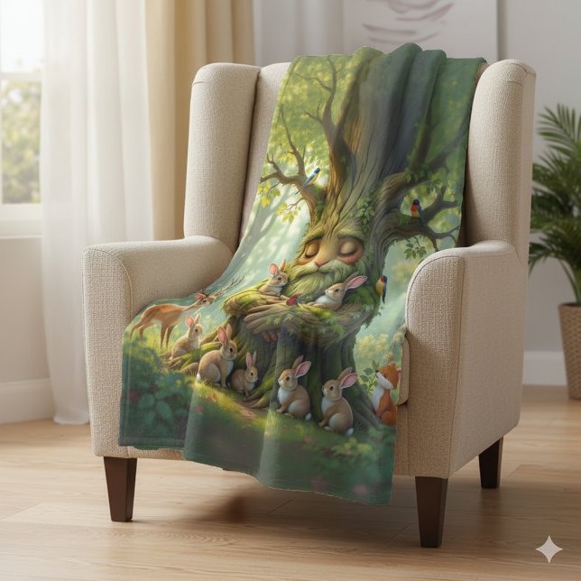 Cobertor De Velo Padre Whimsic Tree com Criaturas de Woodland (Father Tree with Woodland Creatures Fleece Blanket Cover Photo)