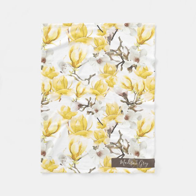 Cobertor De Velo Padrões de Aquarela Amarelo e Branco Magnolia Flor (Frente)