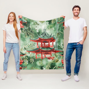 Cobertor De Velo Pagoda Asiática de Aquarela na Paisagem Verdante (