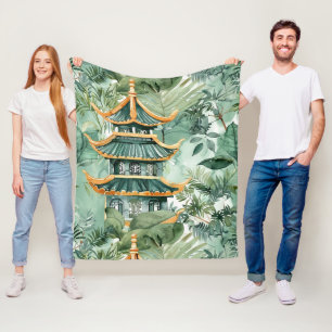 Cobertor De Velo Pagoda Asiática de Aquarela na Paisagem Verdante (