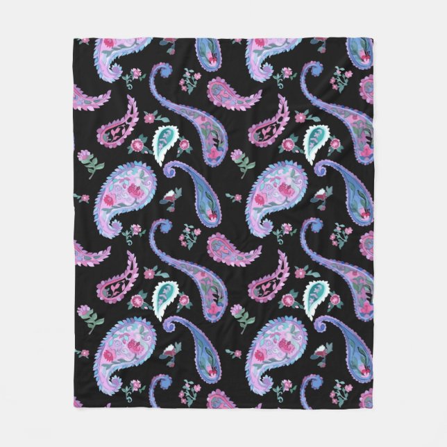 Cobertor De Velo Paisley Black Lavanda Pink Blue (Frente)