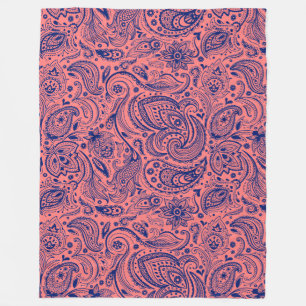 Cobertor De Velo Paisley Floral Marinho Azul E Vermelho Coral