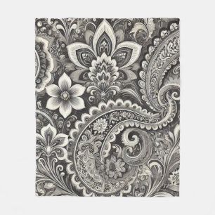 Cobertor De Velo Paisley Floral Monocromático Preto e Branco