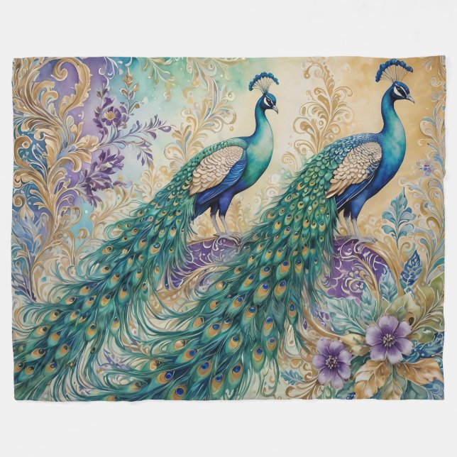 Cobertor De Velo Paisley Peacock Floral Watercolor (Frente (Horizontal))
