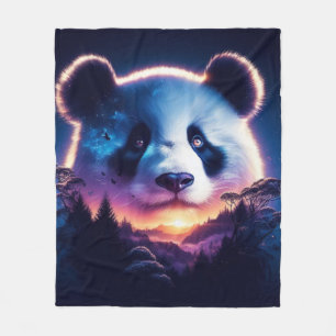Cobertor De Velo Panda Face com Floresta Surreal e Sunset