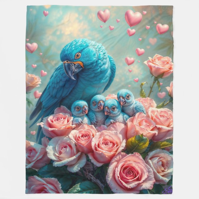 Cobertor De Velo Papagaio Azul e Bebês (Frente)
