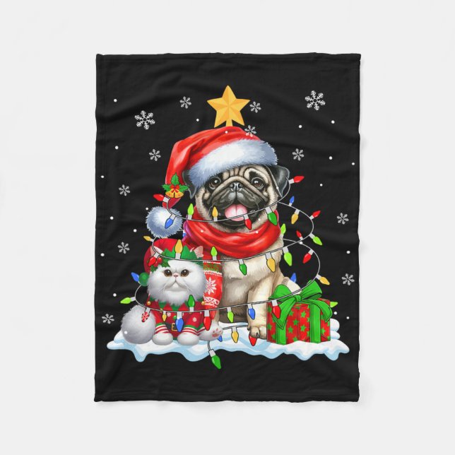 Cobertor De Velo Papais noeis Pug Com Elf Cat Luzes De Natal Crianç (Frente)