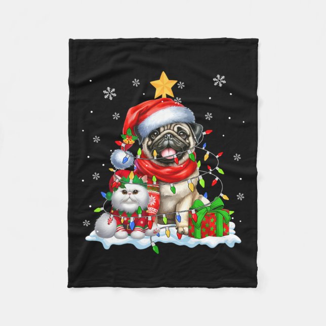 Cobertor De Velo Papais noeis Pug Com Elf Cat Luzes De Natal Crianç (Frente)
