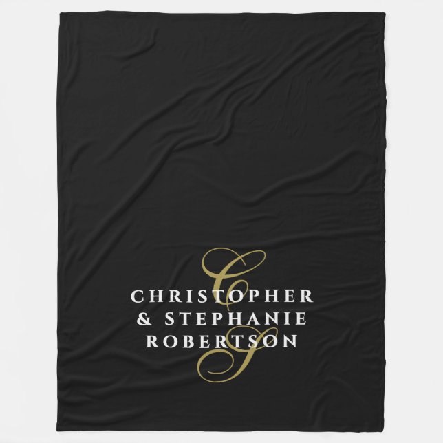 Cobertor De Velo Par Monogramas Casal Minimalista Preto Dourado Bra (Frente)