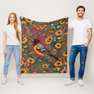 Cobertor De Velo Pássaro Baltimore Oriole e Flores Black Eyed Susan