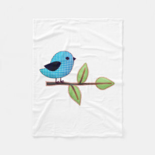 Cobertor De Velo Pássaro Bebê Azul Gingham com Folhas de Bordados