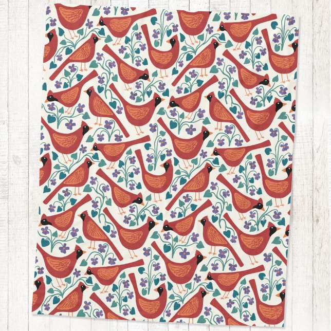 Cobertor De Velo Pássaro Cardinal Violeta Azul Impressão em Bloco (Cardinal bird blue wood violet flower arts and crafts style block print fleece blanket)