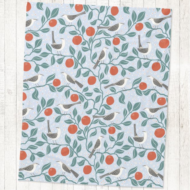 Cobertor De Velo Pássaro Flor de Laranjeira Azul Claro (Mockingbird and orange blossom bird and botanical fleece blanket)