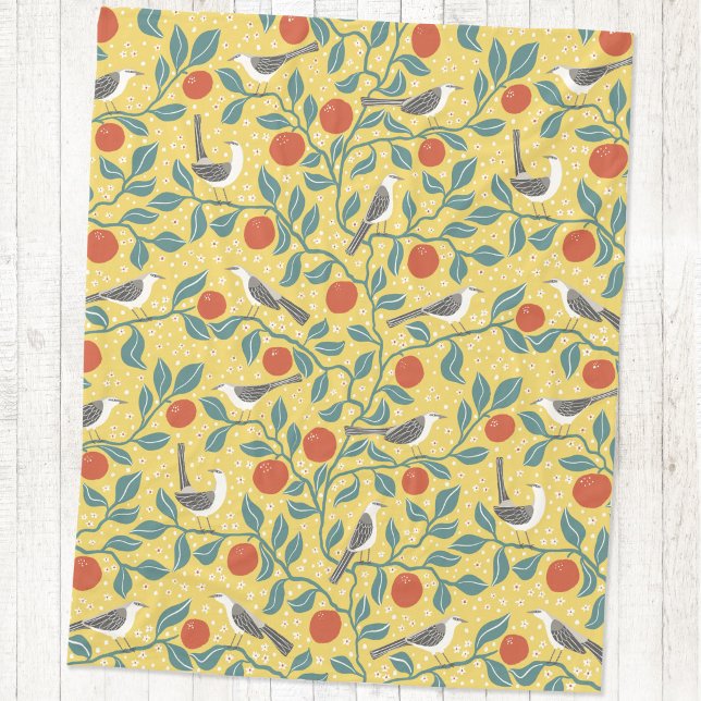 Cobertor De Velo Pássaro Flor de Laranjeira Sol Amarelo (Mockingbird and orange blossom bird and botanical fleece blanket)