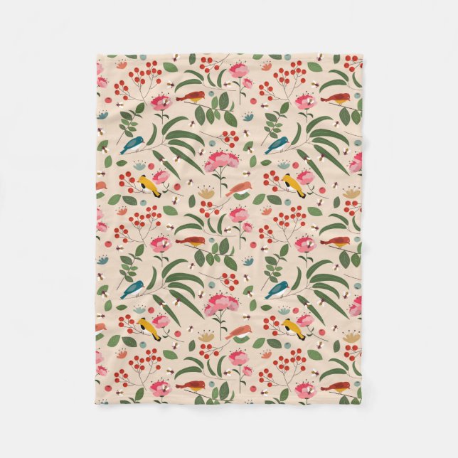 Cobertor De Velo Pássaros Florais De Mão Abelhas Padrão Botânico (Frente)