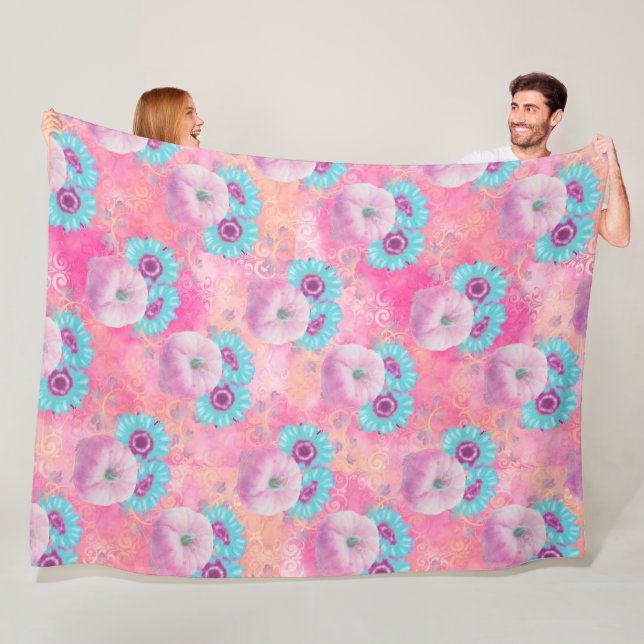 COBERTOR DE VELO PASTEL PINK FALL PUMPKINS E AQUA FLOWERS (In Situ)