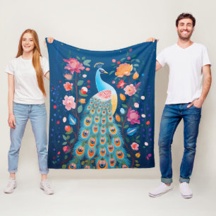 Cobertor De Velo Pavão Colorido com Penas Laranja Azul Verde