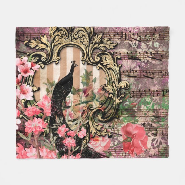 Cobertor De Velo Pavão e Flores Ilustrados Antigos Grunge (Frente (Horizontal))