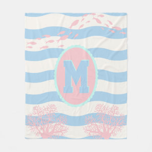 Cobertor De Velo Peixe Coral Rosa Monograma Bebê Azul Costeiro