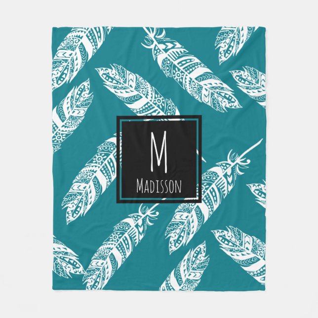 Cobertor De Velo Penas Tribais de White Boho - Personalizadas (Frente)