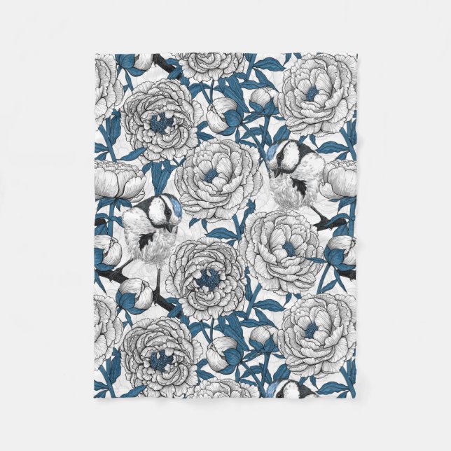Cobertor De Velo Pêonias brancas e pássaros-tetas azuis (Frente)