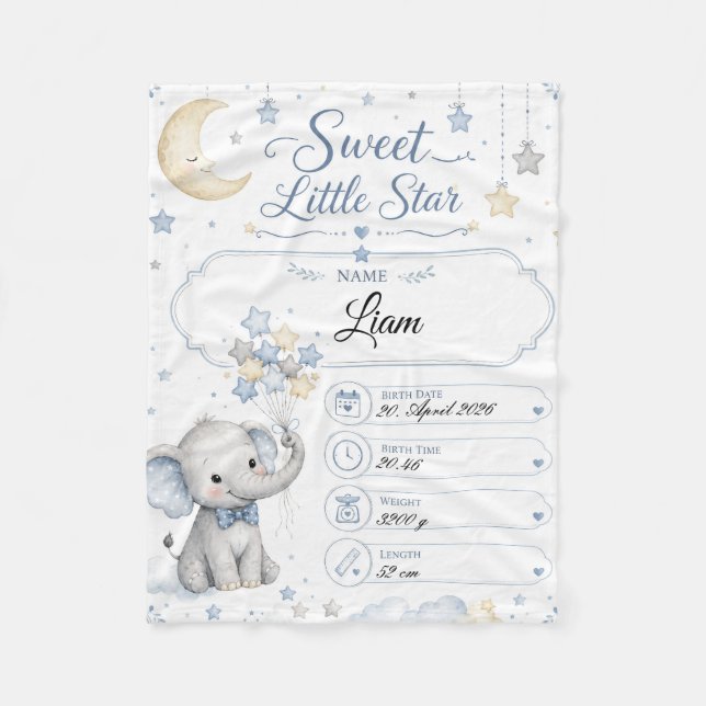 Cobertor De Velo Personalisierbare Baby Geburtstafel mit Elefant  (Frente)