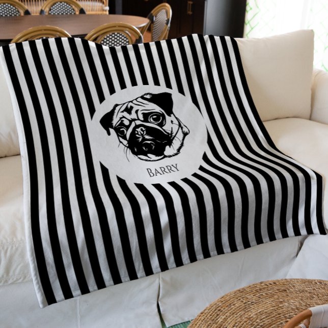 Cobertor De Velo personalização personalizada da tendência de na mo (modern trendy striped pug dog blanket , fun persoanlized with a special name , ideal for gifting)