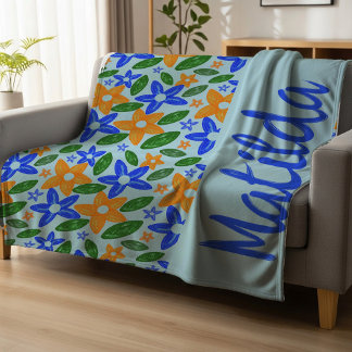 Cobertor De Velo Personalizado Retro Azul e Laranja Floral